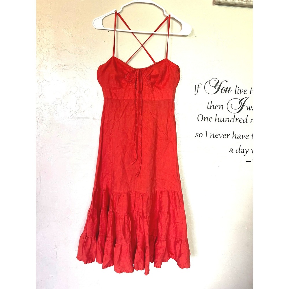 French Connection 100% Linen Ruffle Midi Dress 2 Sweetheart Tie Coastal Boho